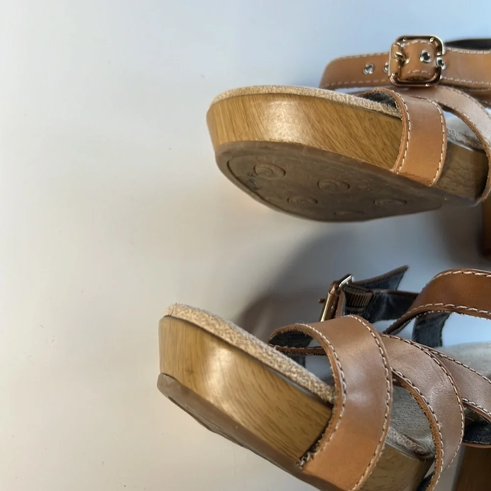 Dr. Scholl’s Band Platform Sandals Tan Leather Strappy Wooden Heel Size 10